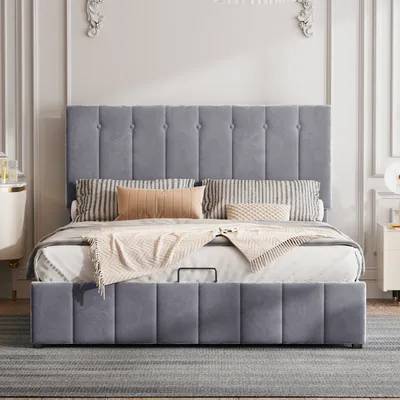 Produktbild von Polsterbett mit Taschenfederkernmatratze, Lattenrost und Bettkasten, 140x200 cm, Doppelbett, Bezug aus Samt, 25 cm hoch, 7 Zonen, Härtegrad 3, 620 Federn