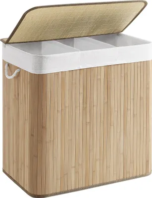 Produktbild von SONGMICS Wäschekorb, mit Deckel und Griffen, aus Bambus, 3 Fächern, 150 L, naturfarben