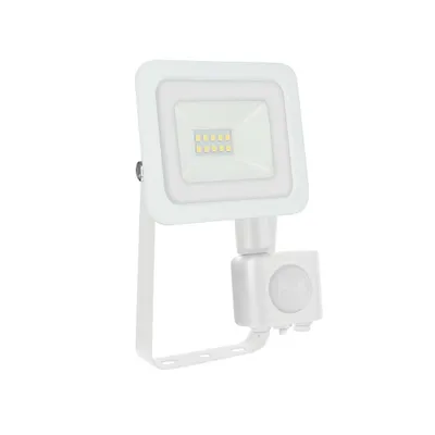 A white LED floodlight with a motion sensor, shown against a white background.