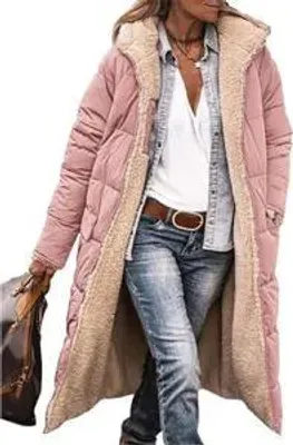 Produktbild von ASKSA Damen Lang Daunenmantel Warm Fleece Reversibel Winterjacke Kapuze Fleecejacke Daunenjacke Mantel, Hellpink, M