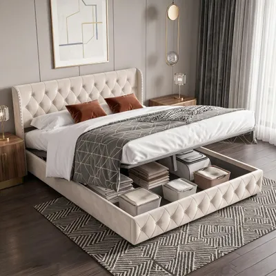 Produktbild von INONEFT Hydraulisches Stauraumbett 140x190cm, Boxspringbett mit lattenrost, Polsterbett mit Kopfteil und Stauraum, Doppelbett, Jugendbett, Samt, Beige