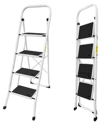 Immagine prodotto di Scala a 4 gradini - Realizzata in acciaio robusto - Gradini antiscivolo - Capacità di carico: 150 kg - Portatile - Adatta per uso domestico e in garage - Dimensioni (montata): 46 x 82 x 131 cm