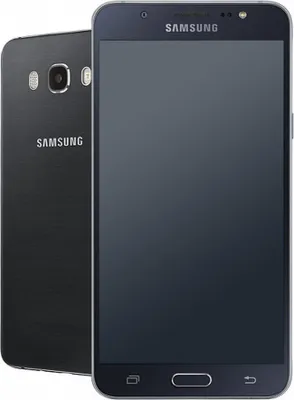 A black Samsung Galaxy J7 2016 smartphone is shown from the front and back.