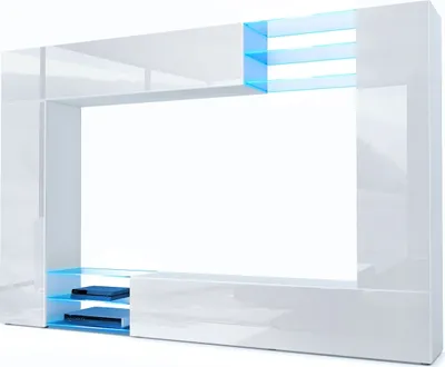 Produktbild von Vladon Wohnwand Mirage,  Germany, Anbauwand mit Rückwand mit 2 Türen, 2 Klappen und 6 offenen Glasablagen, Weiß matt/Weiß Hochglanz, inkl. LED-Beleuchtung (262 x 183 x 39 cm)
