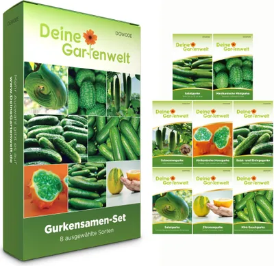 Produktbild von Gurkensamen Set - 8 Sorten Samen - Saatgut Sortiment - Anzuchtset für Gurken - Geschenkset - Salatgurke, Zitronengurke, Mexikanische Minigurke, Schwammgurke, Snackgurke, Schlangengurke, uvm.