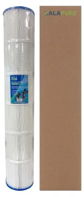 A product image split into two parts: a water filter on the left and a brown textured background on the right.