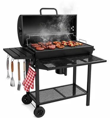 Produktbild von THE BLACK BEAST Holzkohlegrill Grillwagen - Kohlegrill BBQ Smoker mit Deckel, Thermometer und Schorn