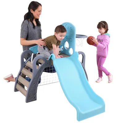 Produktbild von KidKraft 5 in 1 Kinder Klettergerüst mit Rutsche Outdoor & Indoor, Basketballkorb, Fußballtor & Baseballwand, Kinderrutsche Holz ab 18 Monaten