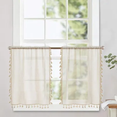 Produktbild von Boho Scheibengardine Stangendurchzug Durchsichtig Vorhang Kurz Küchengardinen mit Quasten Halbtransparente Bauernhaus Gardinen für Balkontü 2 Stücke 66x76cm