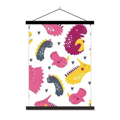 Produktbild von MuchoWow® Textilposter Dino - Muster - Kind - Rosa - Mädchen 90x120 cm mit schwarzem Rahmen - Dekoration