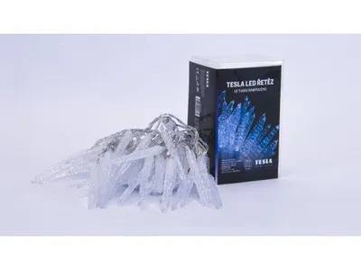 Obrázek produktu pro Tesla - vánoční řetěz Rampouch 7cm, 50LED, 6500K, 5m + 30cm kabel, 3x AA baterie, čas. IP44