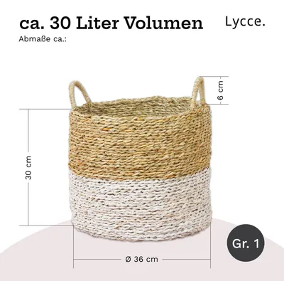 Produktbild von Lycce Wäschekorb mit Henkel | Korb geflochten aus Seegras | vielseitig einsetzbar als Wäschesammler, Aufbewahrungskorb für Spielzeug, Korb für Geschenke, Badezimmer Organizer uvm. | beige & weiß, Größe:Größe 1