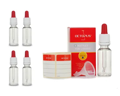 Obrázek produktu pro 5 plastových lahví o objemu 20 ml z PET, G18, skleněná pipeta, červený gumový uzávěr, bílý uzávěr pipety + 1 mini nálevka
