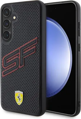 A black phone case with the Ferrari SF logo and emblem is shown next to a smartphone.