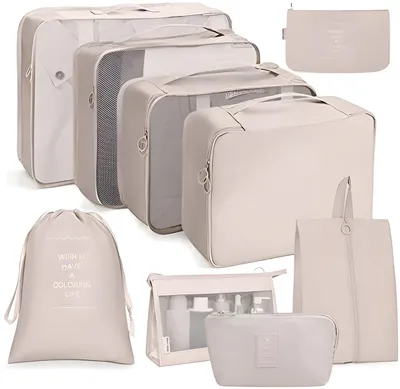 Produktbild von PolkaHome® 9-teiliges Reise-Organizer-Set, Packwürfel, wasserdichte Kleidertaschen für Koffer, inkl. Make-up-Tasche und USB-Kabel (Beige)