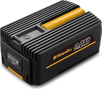 A product shot of a black and yellow battery pack with a yellow handle on a white background.