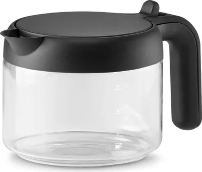A close-up studio shot of a glass coffee pot with a black lid and handle.