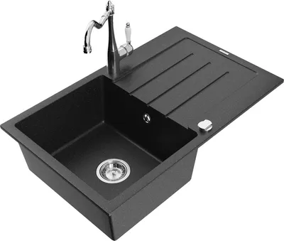 Produktbild von Mexen Bruno 1 Becken-Granitspüle mit Abtropffläche und Mischbatterie Carla, Schwarz/Silbermetallic - 6513-73-670700-00