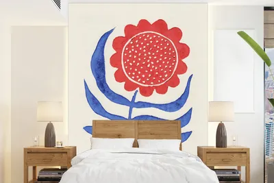 Produktbild von MuchoWow® Fototapete für Wohnzimmer oder Schlafzimmer Wandtapete Vinyl Motivtapete Blume - Pflanze - Rot - Blau - 165x220 cm - Wanddekorationen