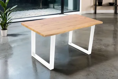 Produktbild von Esstisch Josy | 160 x 85 cm | Holz Wildeiche-Optik | U-Gestell Metall Weiß | 40 mm Tischplatte mit Baumkante | Tisch für Esszimmer & Küche