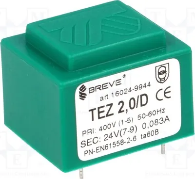 Productafbeelding van 1x Transformator: Overbelastingsbeveiliging: 2 VA, 400 VAC, IP00, 24 V, 90 g, TEZ2/D400/24V - Transformator