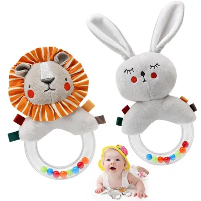 Produktbild von Baby Rasseln Spielzeug 2er Set Plüschtier Greifling Sensorisch Motorik ab 0 Monaten Löwe Hase