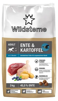 Produktbild von Wildsterne Adult Ente & Kartoffel | Alleinfutter für ausgewachsene Hunde | optimal für sensible Hunde | 3kg