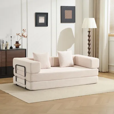 Immagine prodotto di Divano a pavimento, divano compatto, trasformabile, futon, cuscini, braccioli, tessuto corda, ideale per soggiorno/camera da letto. L3