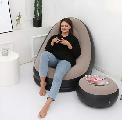 Produktbild von Tragbarer Aufblasbarer Relax-Einzelsessel mit Taburette aus Weichem Wildleder für Haus, Garten, Camping - CHILLSEAT Beige