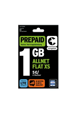 Produktbild von congstar Prepaid Allnet XS: 1 GB Datenvolumen & Flatrate für Telefonie und SMS, 5G-Speed, EU-Roaming
