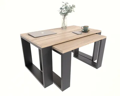 Produktbild von Couchtisch mit Westa, Beistelltisch Holztisch für Wohnzimmer, Sofatisch klein Holz, Wohnzimmertisch, Sonoma- Schwarz zwei Tiscch