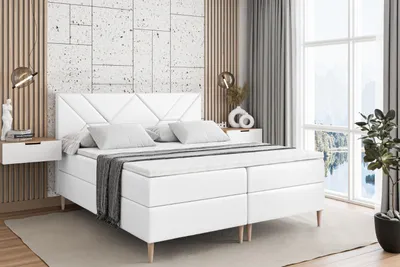 Produktbild von ALTDECOR Boxspringbett mit Holz Füßen, Matratze und Lattenrost, Boxbett, Topper, Polsterbett mit Bettkasten, Bett mit Stauraum H3-Matratze, Doppelbett - BARWA-FD- 160x200 - Weiß Kunstleder