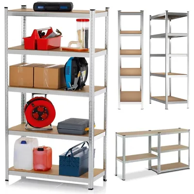 Obrázok produktu pre Regál pre ťažké náklady – kovový skladovací regál 180x90x40 cm – 5 políc – 175 kg na policu – celková nosnosť 875 kg – pracovná doska a regál do suterénu – strieborná farba