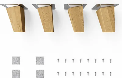 Four wooden furniture legs with metal mounting plates, and four square pads and screws.