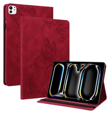 Produktbild von Für Apple iPad Pro 11 2024 Schmetterling Muster Kunstleder Hülle Cover Tasche Case Rot