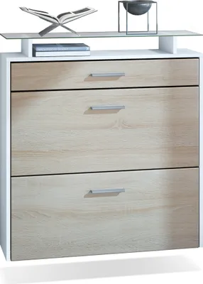 Produktbild von Vladon Schuhschrank Malea, hängender Schuhkipper für 16 Paar Schuhe mit 2 Klappen und 1 Schublade und Glasablage, Weiß matt/Eiche Sägegrau (89 x 96 x 23 cm)