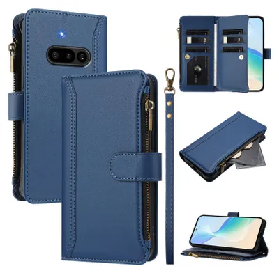 Image de Etui pour Nothing Phone 3A, zippé, étui portefeuille en cuirPolyuréthaneavec pochettes pour cartes, support et dragonne bleu