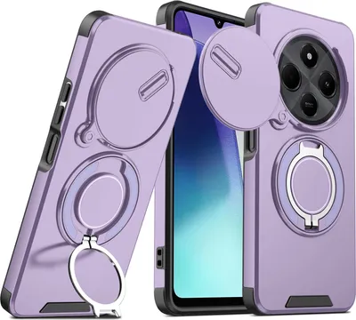 Immagine prodotto di Custodia a doppio strato per Xiaomi Redmi A4 5G / Poco C75 / Redmi 14C 4G, con copertura scorrevole della fotocamera e supporto ad anello magnetico Viola
