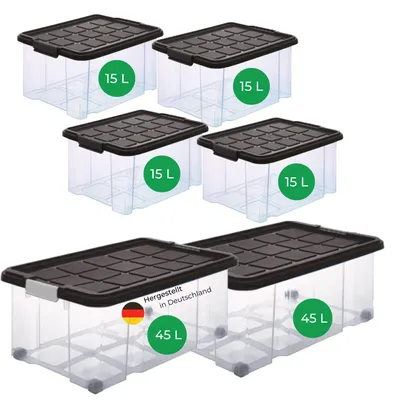 Produktbild von Novaliv 6 tlg Sparset Aufbewahrungsboxen mit Deckel Anthrazit 2x45 L + 4x 15L Nestbar stapelbar Clipverschluss Rollboxen BPA-frei