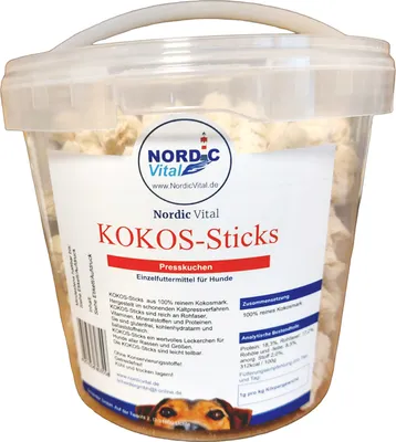 Produktbild von KOKOS-Sticks, Leckerlies, Snacks für Hunde und Pferde aus 100% Kokosmark ohne Zusätze, 1kg Eimer