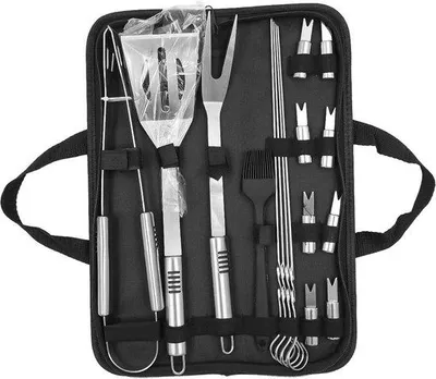 Produktbild von 16-Stück Grillwerkzeug-Set mit Grillholfächern - robuste Grillhelfer mit Outdoor-Grillzubehör für Hausgrills und Gartengrills