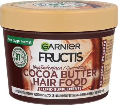 A jar of Garnier Fructis Cocoa Butter Hair Food hair mask on a white background.