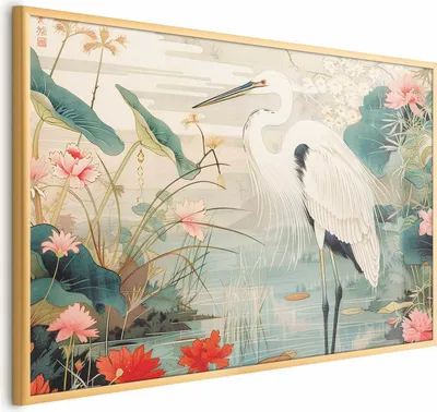 Produktbild von Posterpapier Poster - Over the Asian Pond - illustration in the Japanese print style featuring a heron 90x60 cm Tiere g-H-10110-ao-a