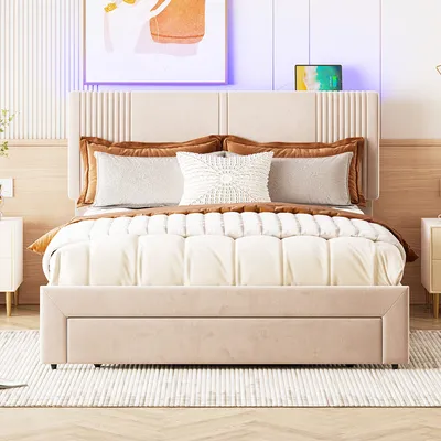 Produktbild von Polsterbett Doppelbett 140x200 cm (Ohne Matratze) Schublade hautfreundliches Doppelbett Samt Lichtleiste USB-Buchse Rückenlehne großer Beige