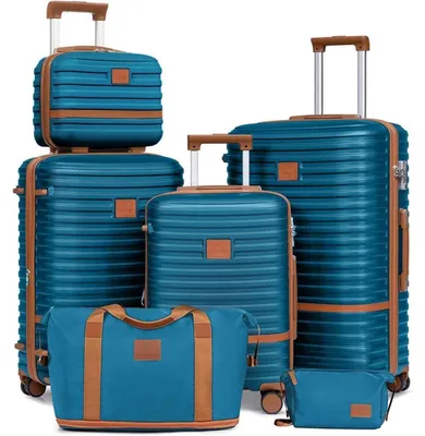 Produktbild von Kofferset 6-teilig Hartschale mit Beautycase und Kulturbeutel, 4 Rollen, TSA-Schloss, Blau/Braun