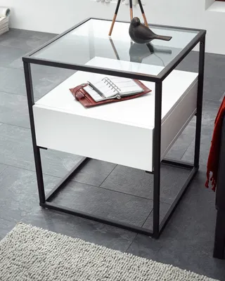 Produktbild von Beistelltisch - Weiß matt - Klarglasplatte - Metall - 43 x 43 cm