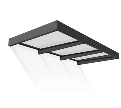 A modern dark gray awning with a clear canopy, shown from a low angle against a white background.