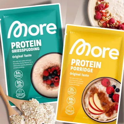 Imagen del producto de MORE Protein Porridge, sabor original, 62 g + Protein Grießpudding, sabor original, 60 g – Set de desayuno proteico + Protector de envío Heartforcards