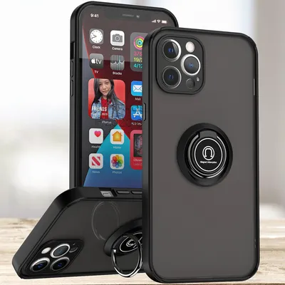 Produktbild von iPhone 12 Pro Hülle, Ring Halter Ständer Matte Transluzent TPU Rahmen Stoßfest Schutzhülle für iPhone 12 Pro Schwarz