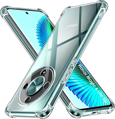 Two transparent phone cases are shown crossed over each other, with phones inside them.
